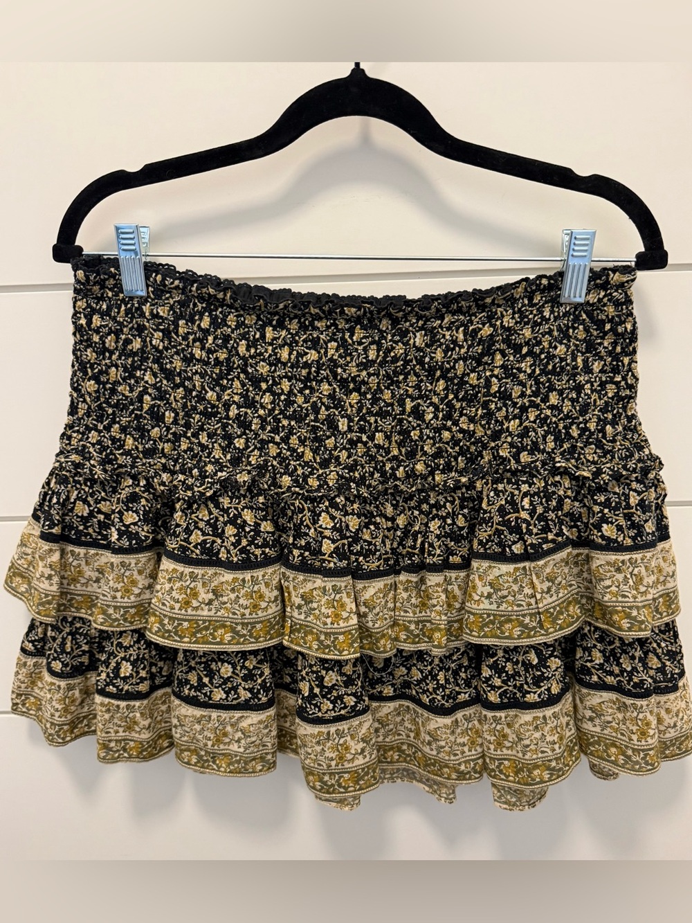 American Eagle Outfitters Black and Gold Floral Smocked Tiered Mini Skirt